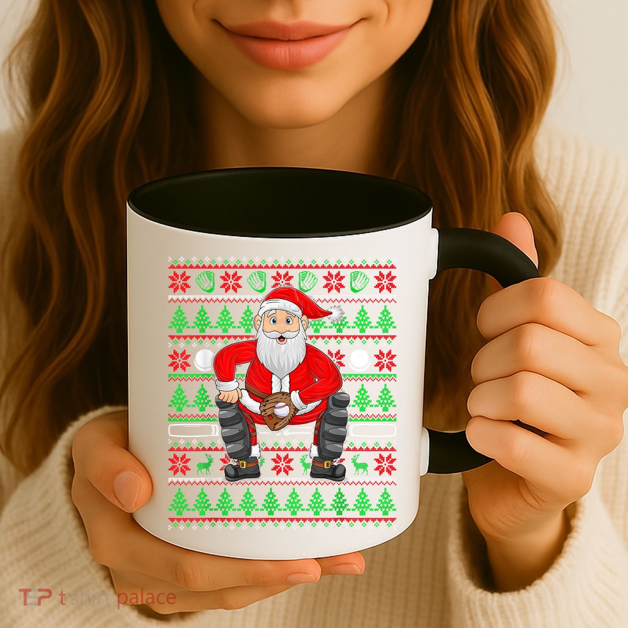 Xmas Ugly Sweater Style Santa Playing Baseball Christmas Coffee Mug