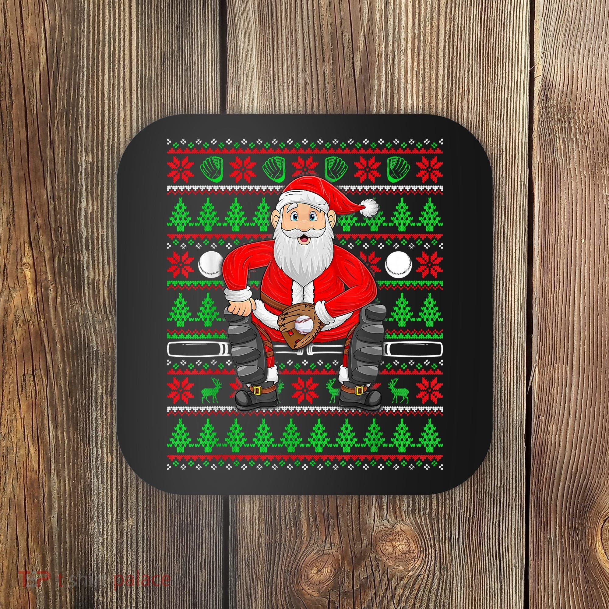 Xmas Ugly Sweater Style Santa Playing Baseball Christmas Coaster