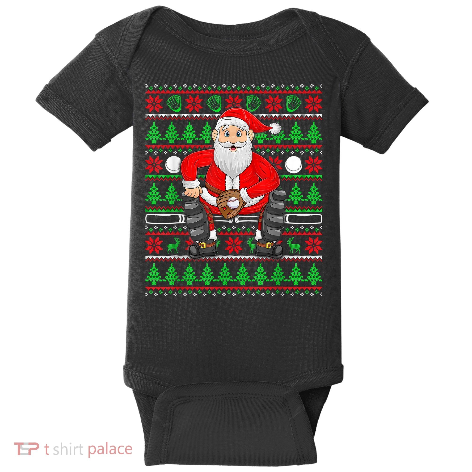 Xmas Ugly Sweater Style Santa Playing Baseball Christmas Baby Bodysuit