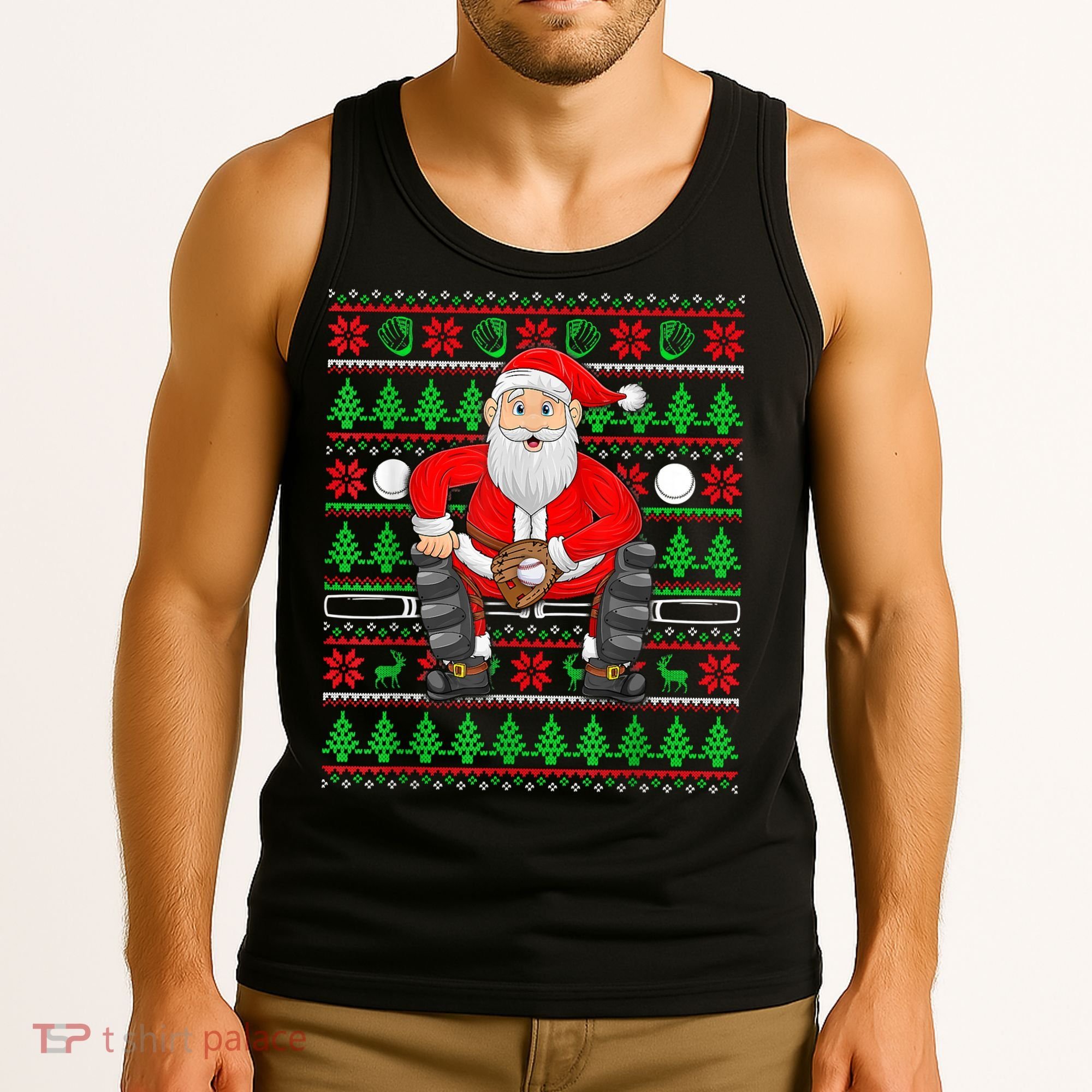 Xmas Ugly Sweater Style Santa Playing Baseball Christmas Tank Top