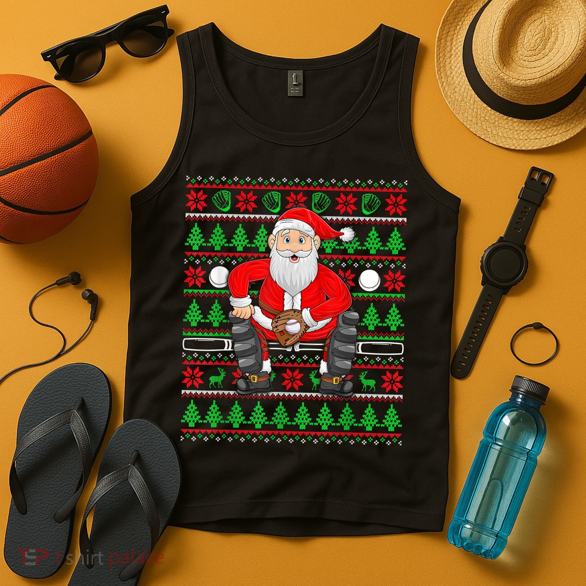 Xmas Ugly Sweater Style Santa Playing Baseball Christmas Tank Top