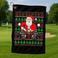 Xmas Ugly Sweater Style Santa Playing Baseball Christmas Golf Towel thumb 1