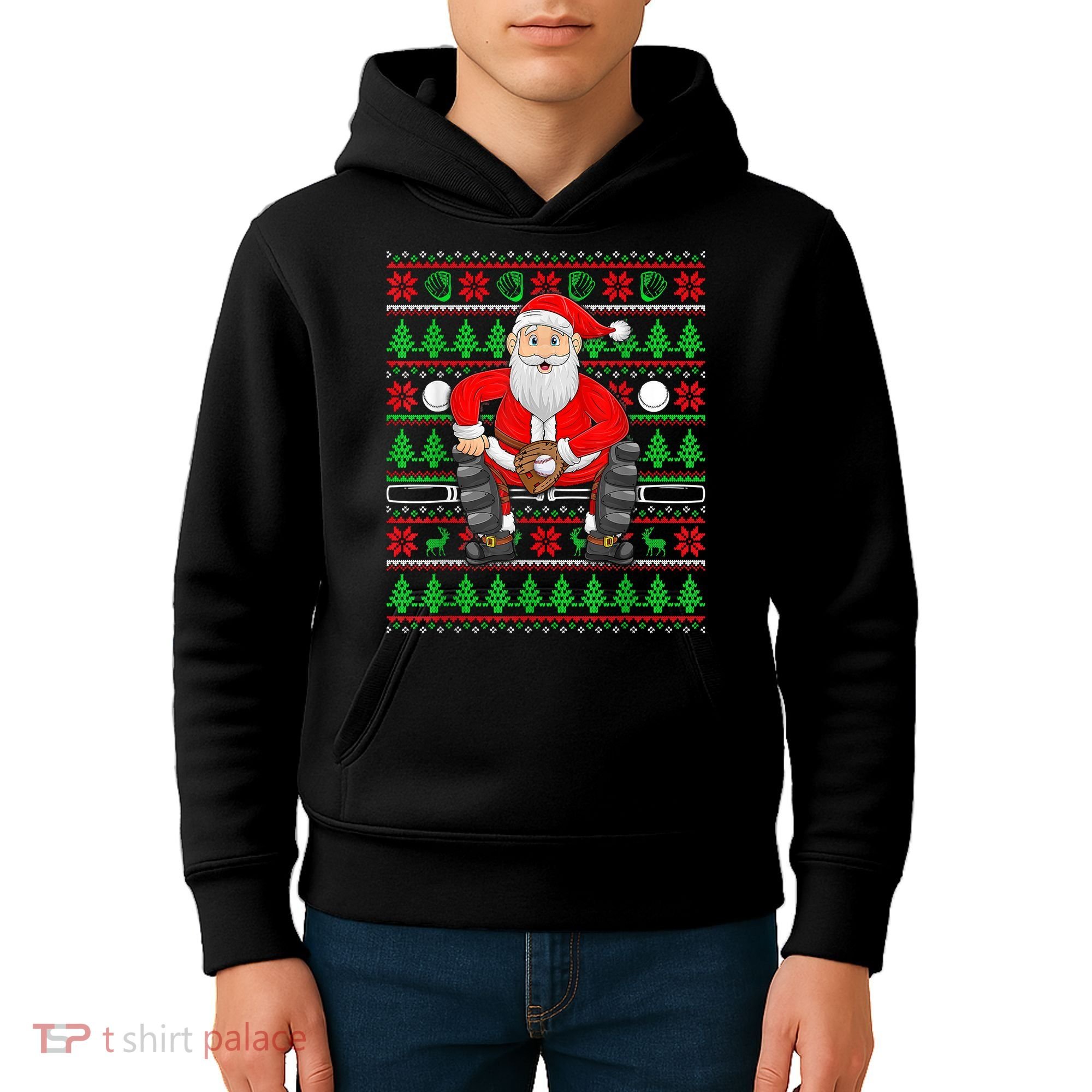 Xmas Ugly Sweater Style Santa Playing Baseball Christmas Kids Hoodie
