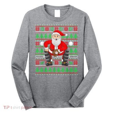 Xmas Ugly Sweater Style Santa Playing Baseball Christmas Long Sleeve Shirt