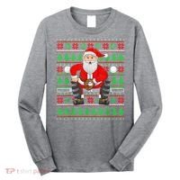 Xmas Ugly Sweater Style Santa Playing Baseball Christmas Long Sleeve Shirt thumb 0