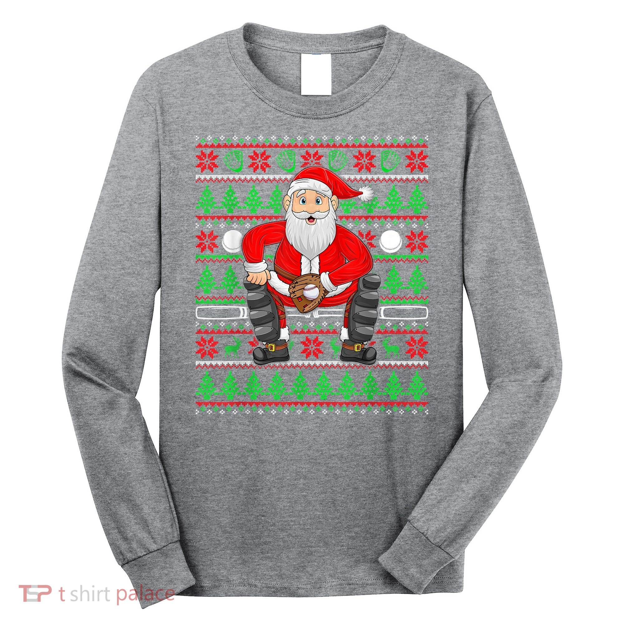 Xmas Ugly Sweater Style Santa Playing Baseball Christmas Long Sleeve Shirt