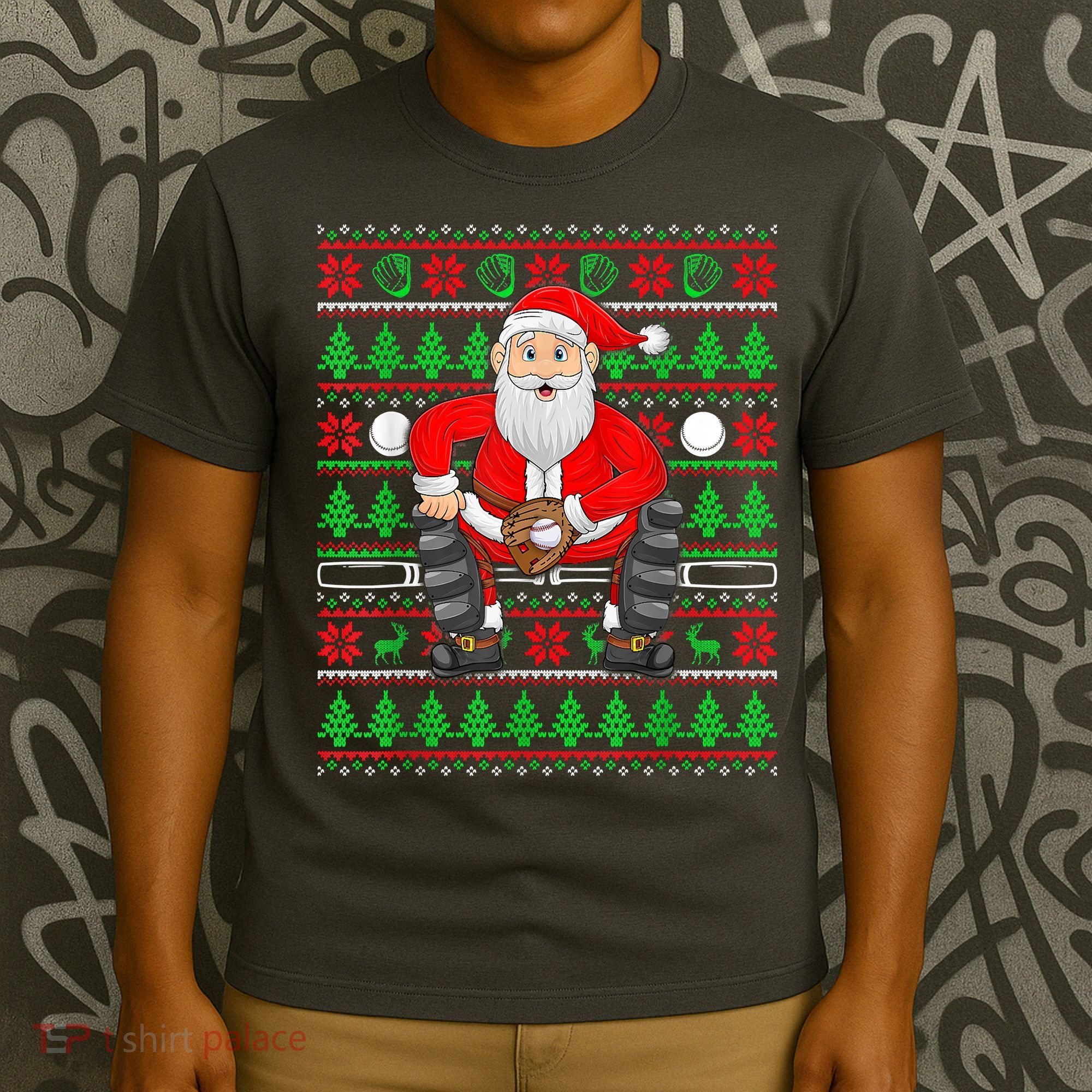 Xmas Ugly Sweater Style Santa Playing Baseball Christmas T-Shirt