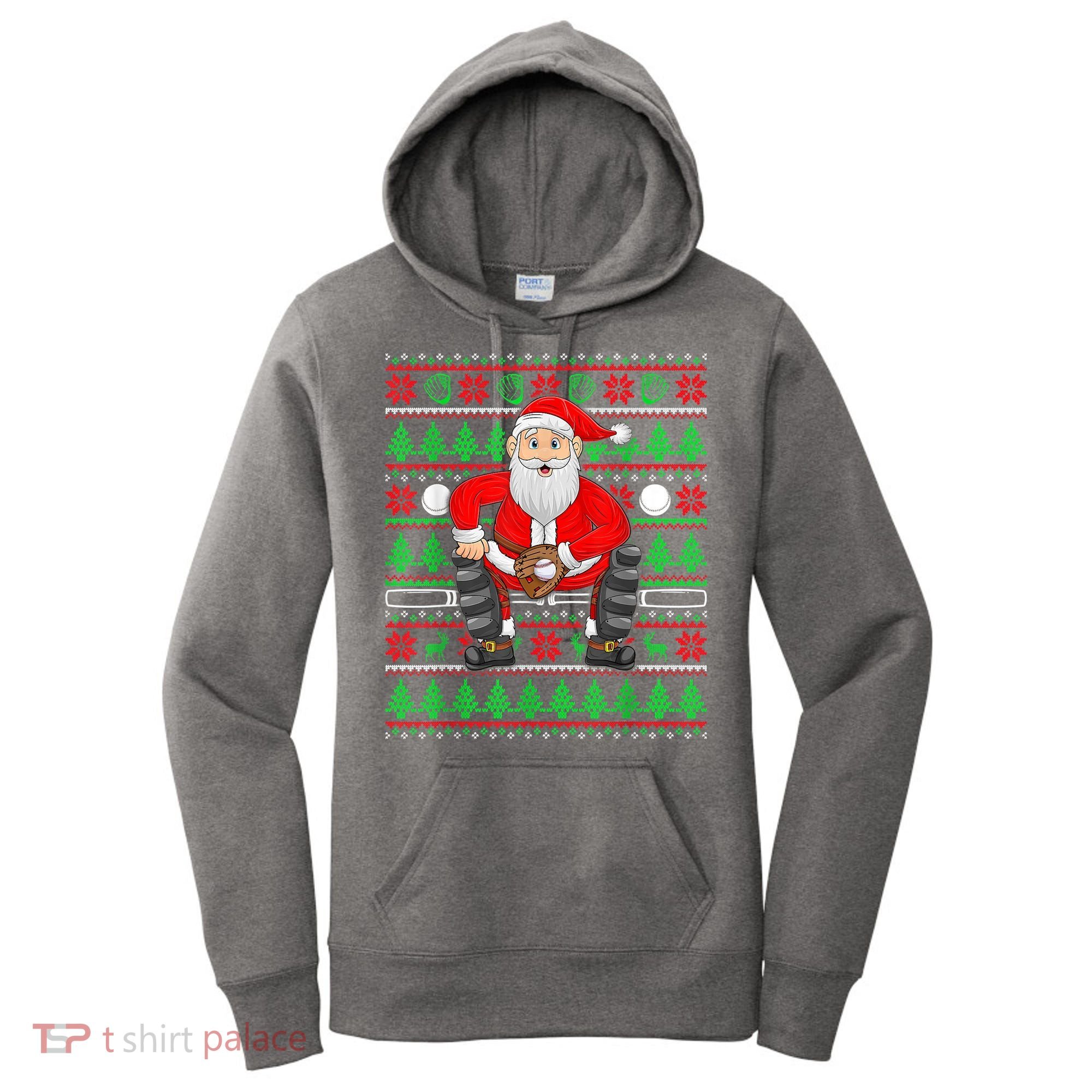 Xmas Ugly Sweater Style Santa Playing Baseball Christmas Women's Hoodie