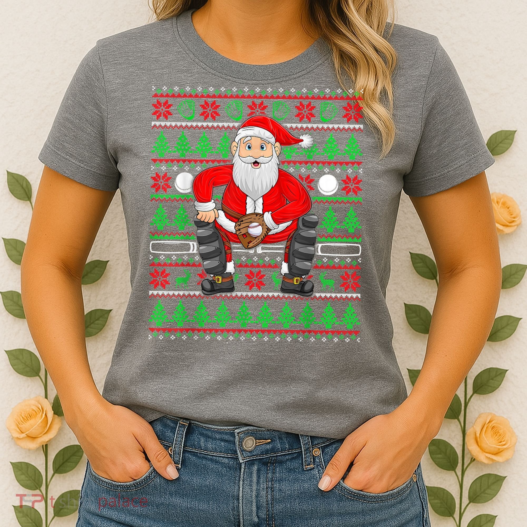 Xmas Ugly Sweater Style Santa Playing Baseball Christmas Women's T-Shirt