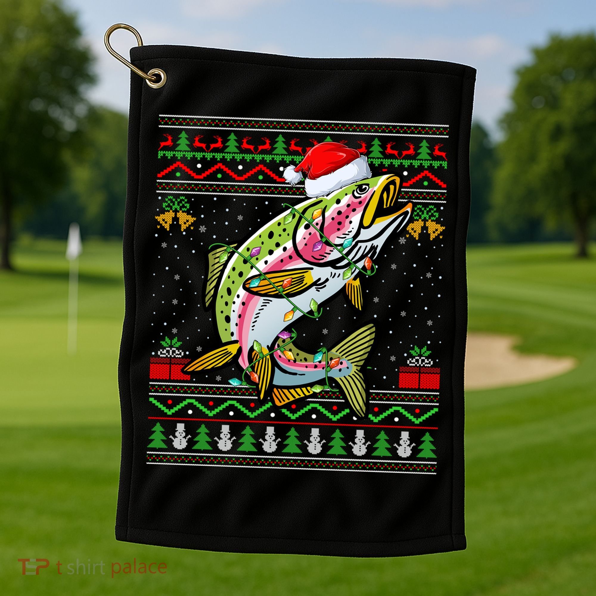 Xmas Ugly Sweater Style Santa Rainbow Trout Fish Christmas Meaningful Gift Golf Towel