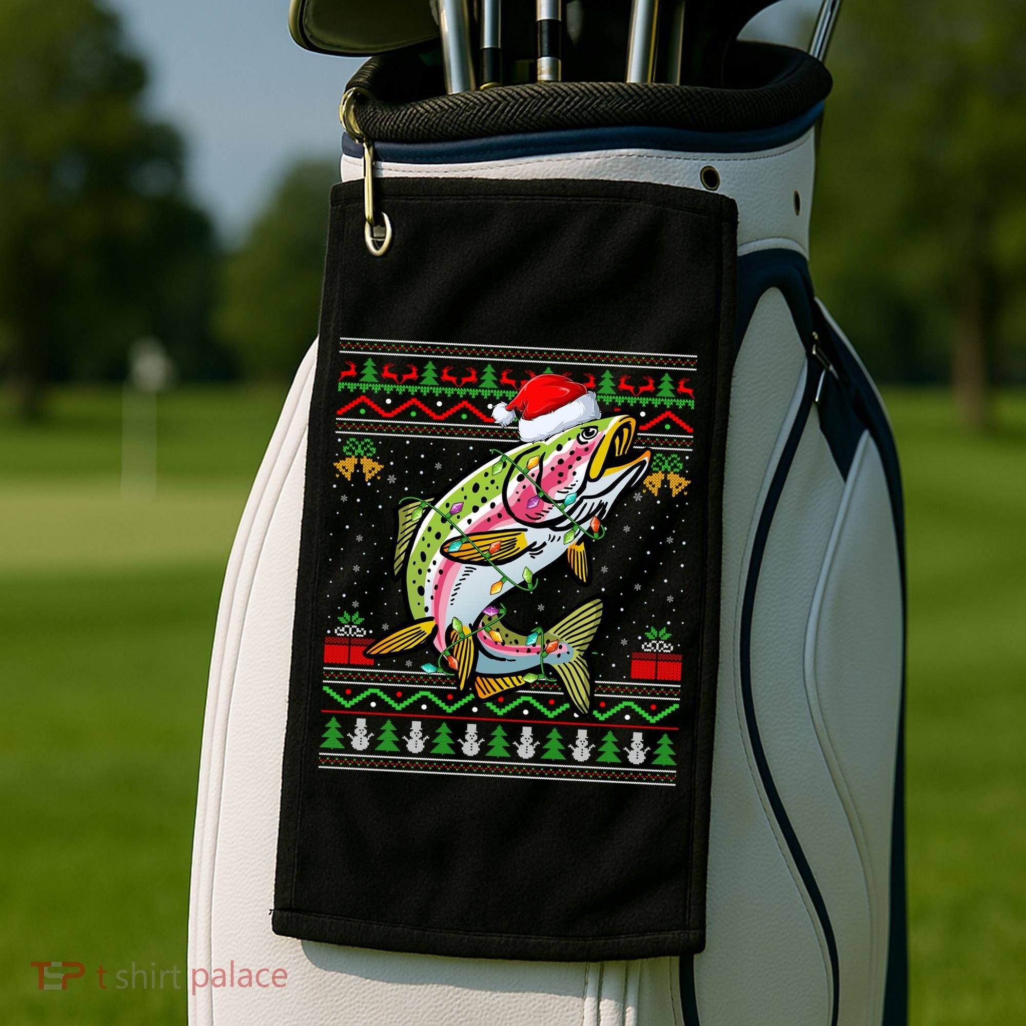 Xmas Ugly Sweater Style Santa Rainbow Trout Fish Christmas Meaningful Gift Golf Towel