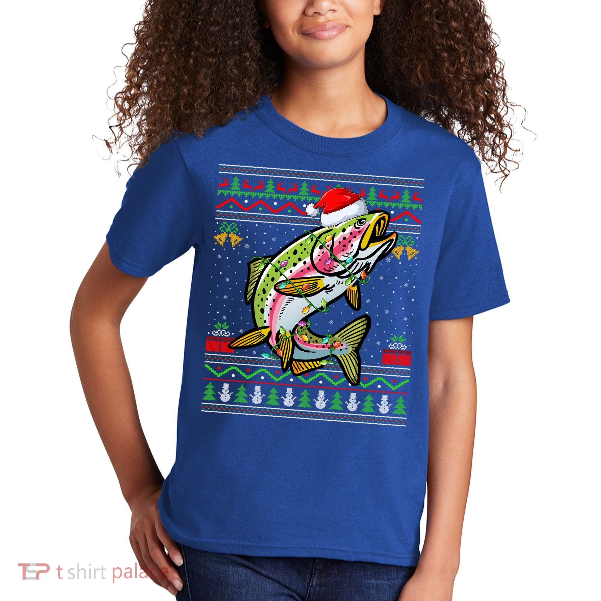 Xmas Ugly Sweater Style Santa Rainbow Trout Fish Christmas Meaningful Gift Kids T-Shirt