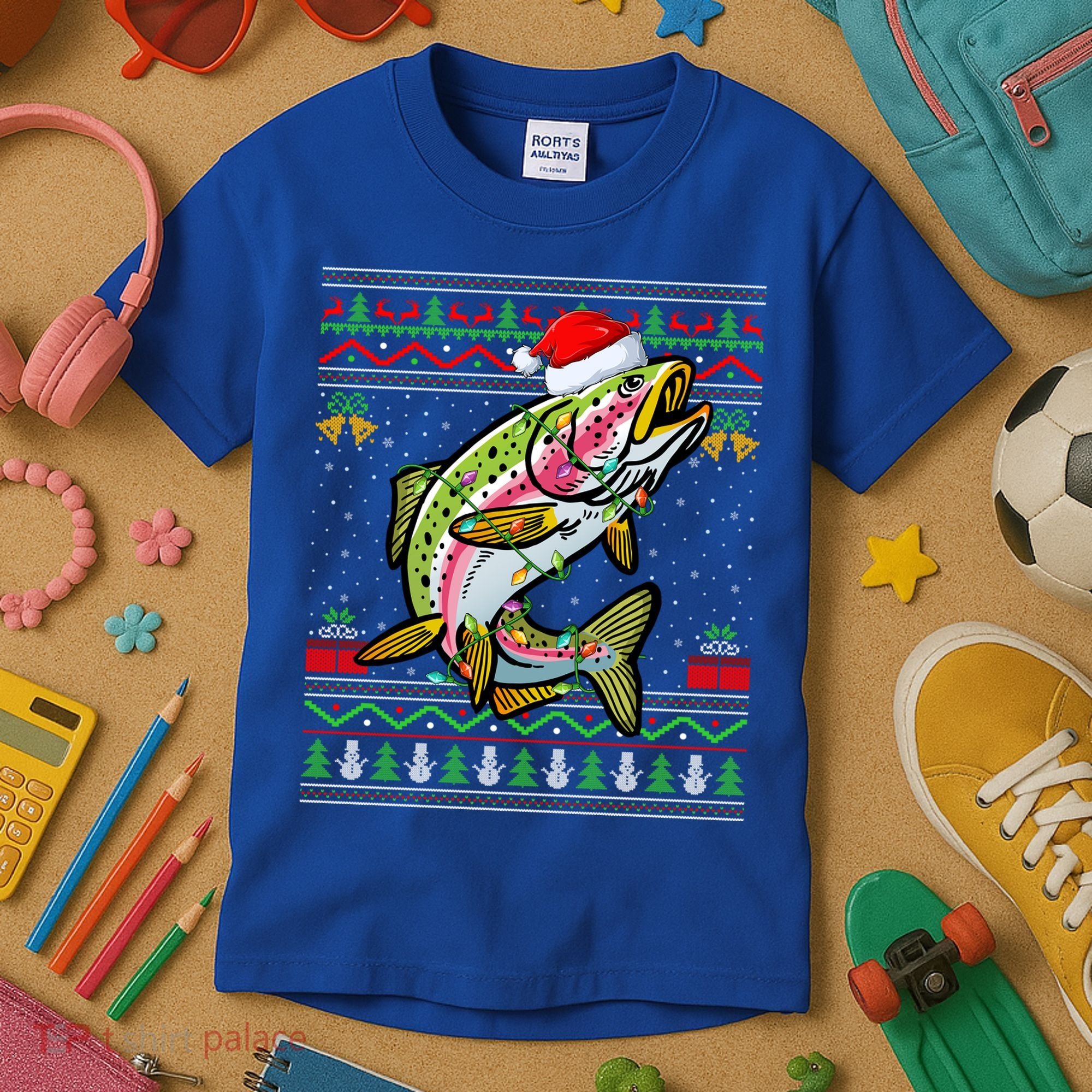 Xmas Ugly Sweater Style Santa Rainbow Trout Fish Christmas Meaningful Gift Kids T-Shirt