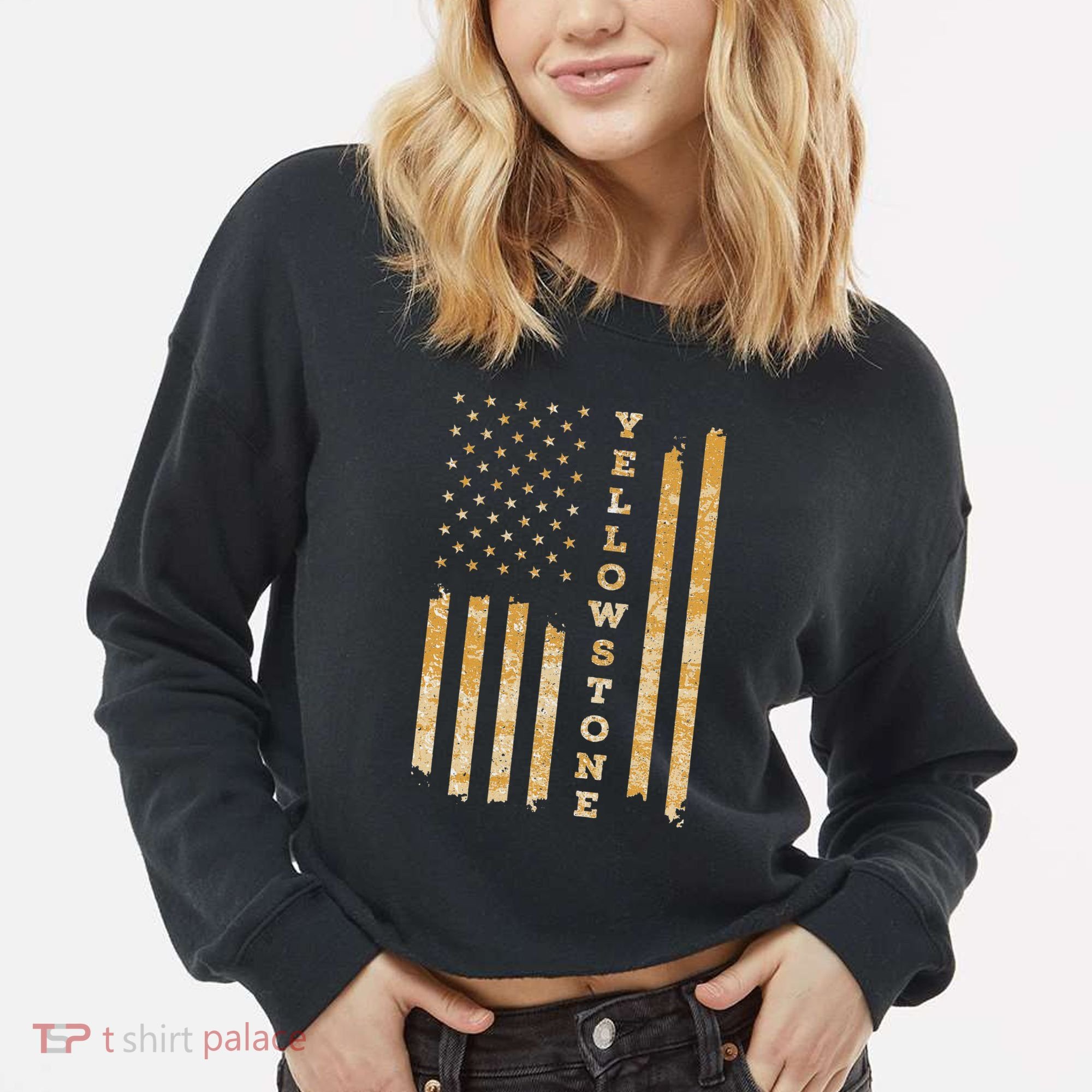Yellowstone American Flag – Usa National Park Cropped Pullover Crew