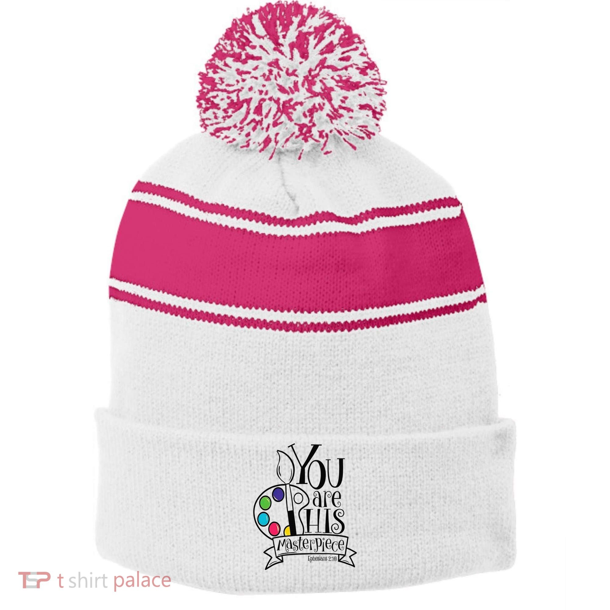You Are His Masterpiece Christian Stripe Pom Pom Beanie