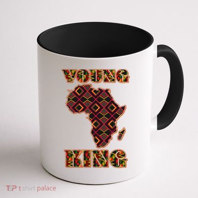 Young African King African Cloth Pattern Celebrating Black History Coffee Mug back