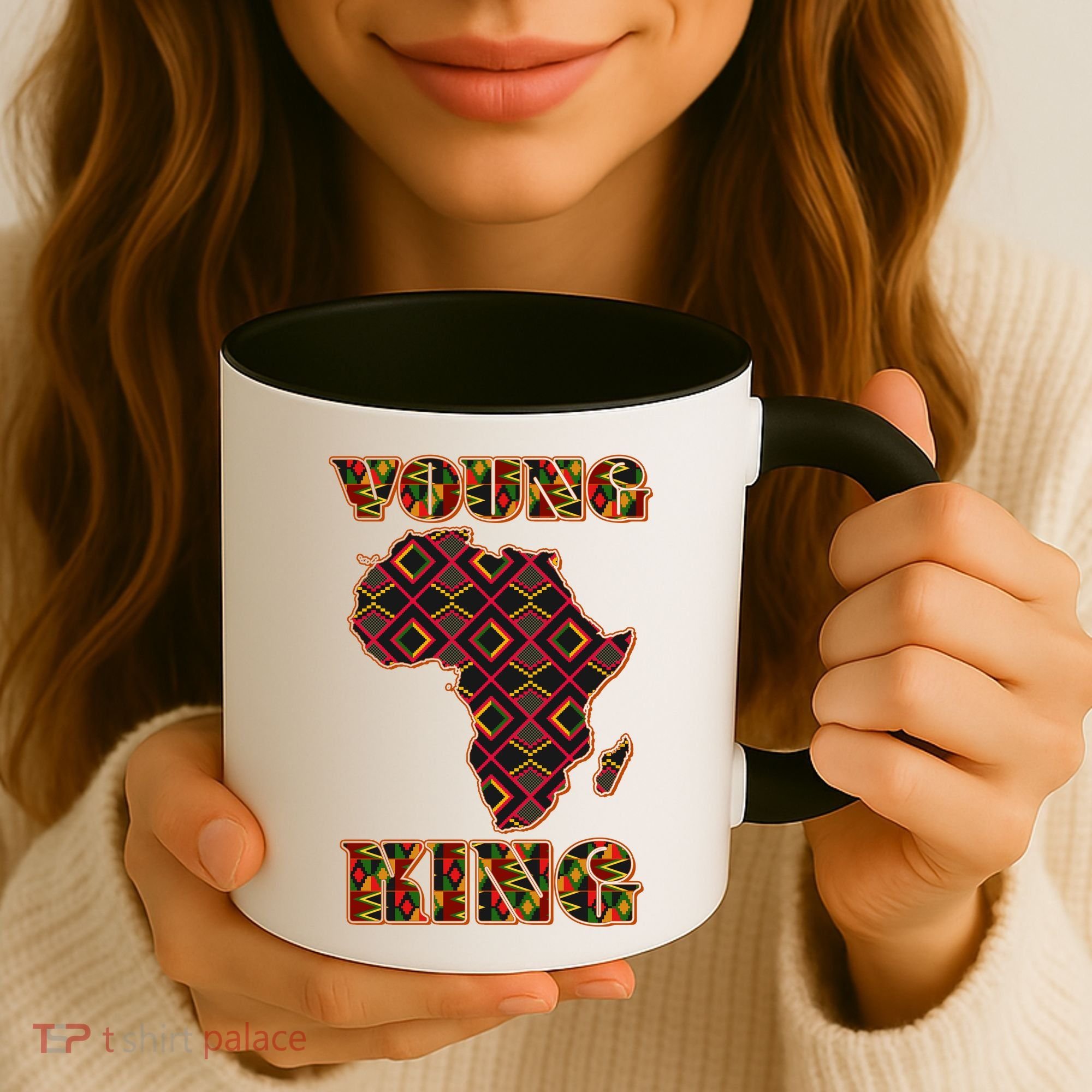 Young African King African Cloth Pattern Celebrating Black History Coffee Mug