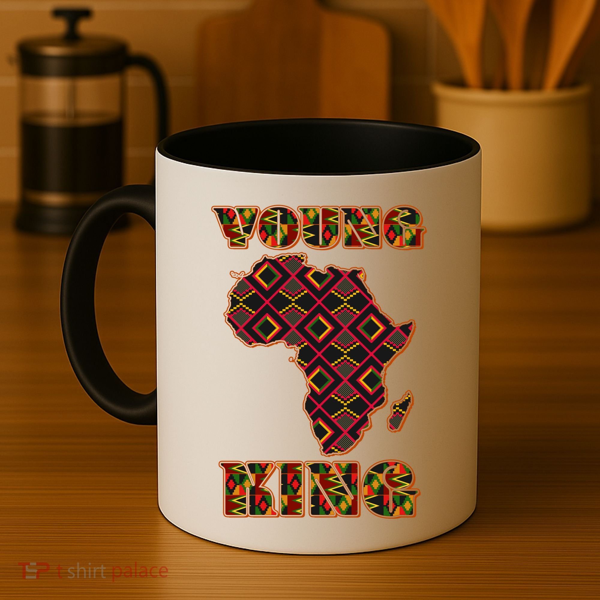 Young African King African Cloth Pattern Celebrating Black History Coffee Mug