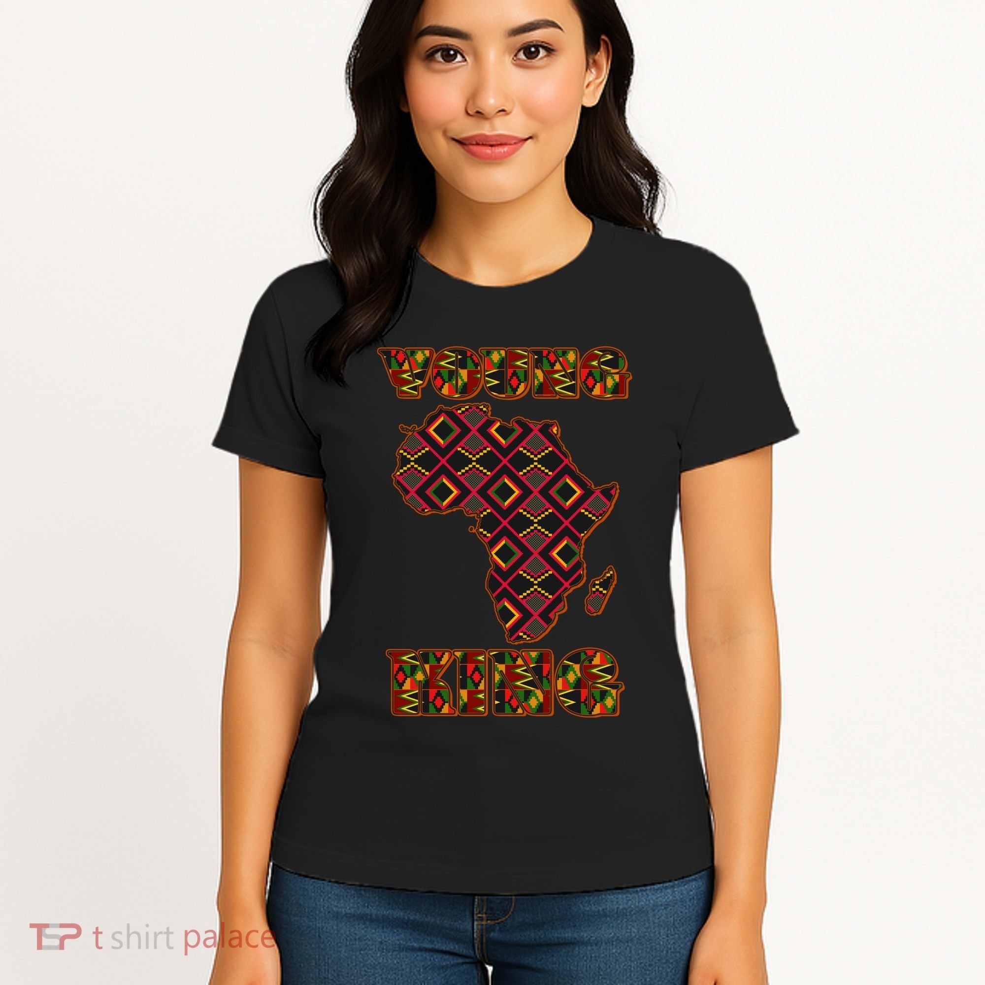 Young African King African Cloth Pattern Celebrating Black History Women's T-Shirt