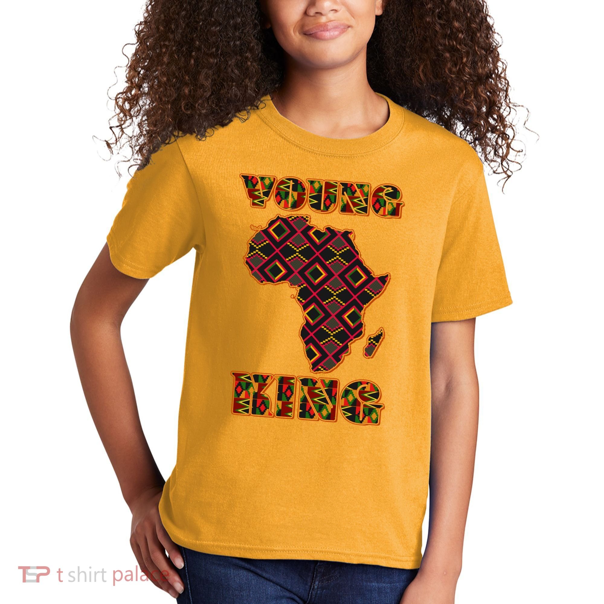 Young African King African Cloth Pattern Celebrating Black History Kids T-Shirt