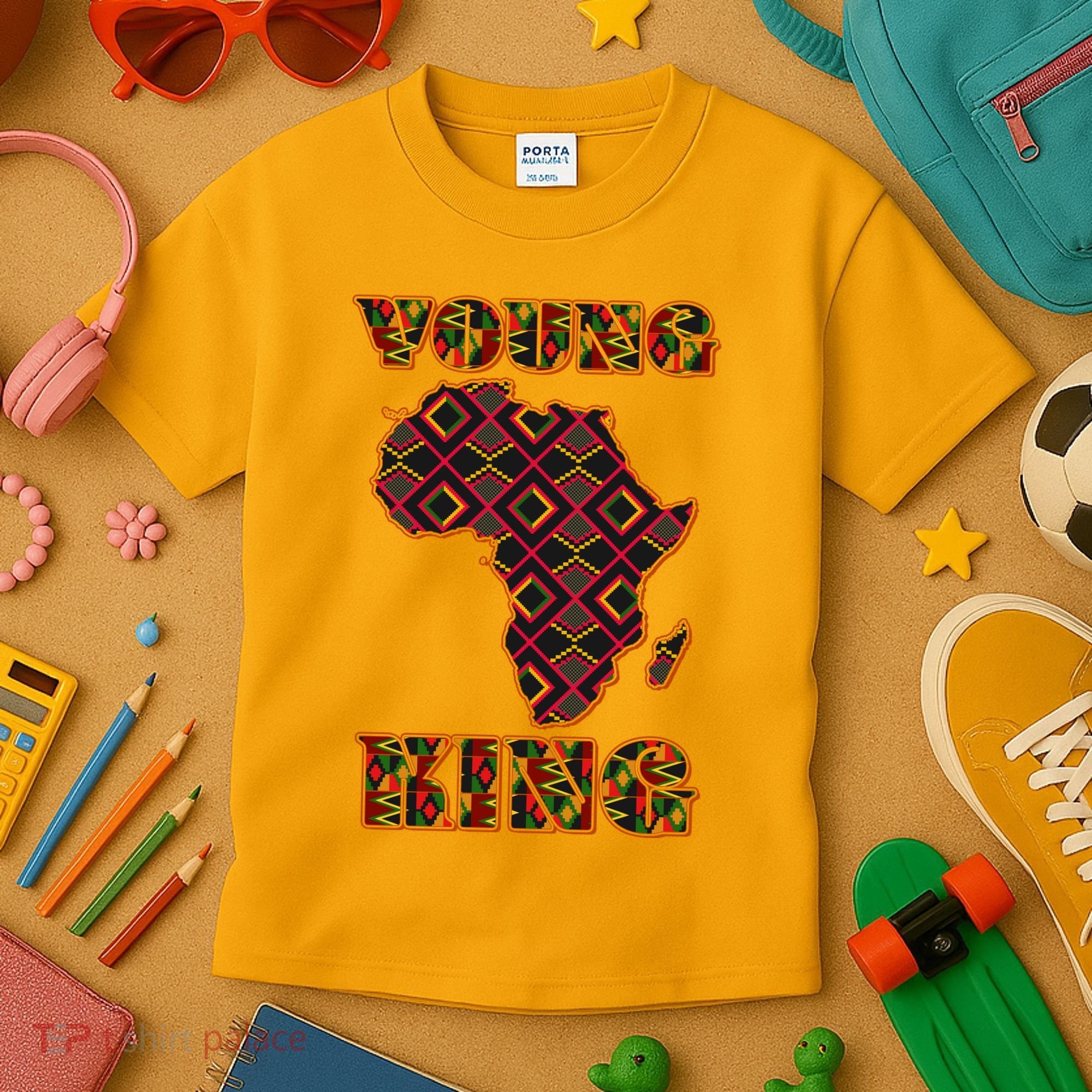 Young African King African Cloth Pattern Celebrating Black History Kids T-Shirt