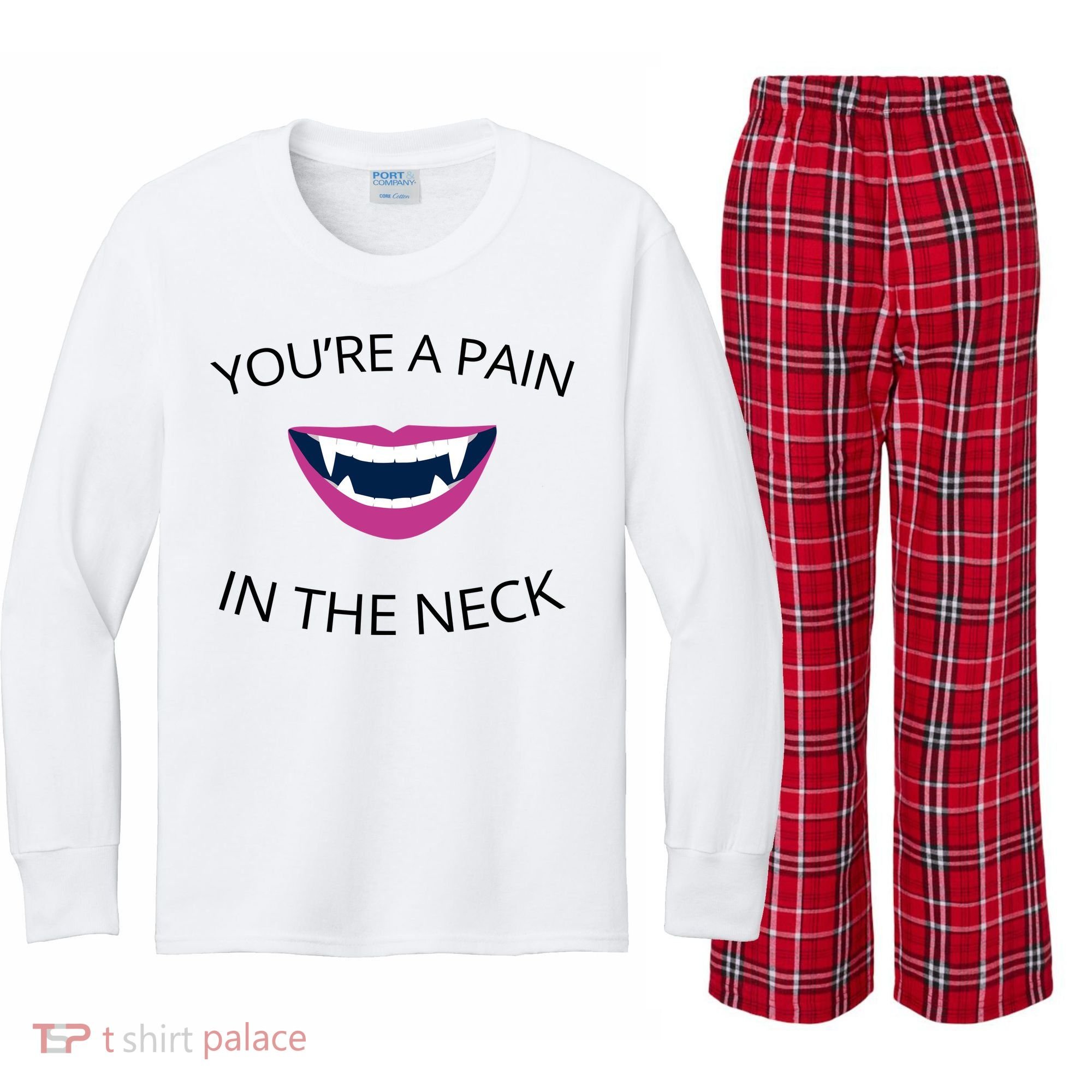 You're A Pain In The Neck Funny Vampire Kids Long Sleeve Plaid Pajama Set
