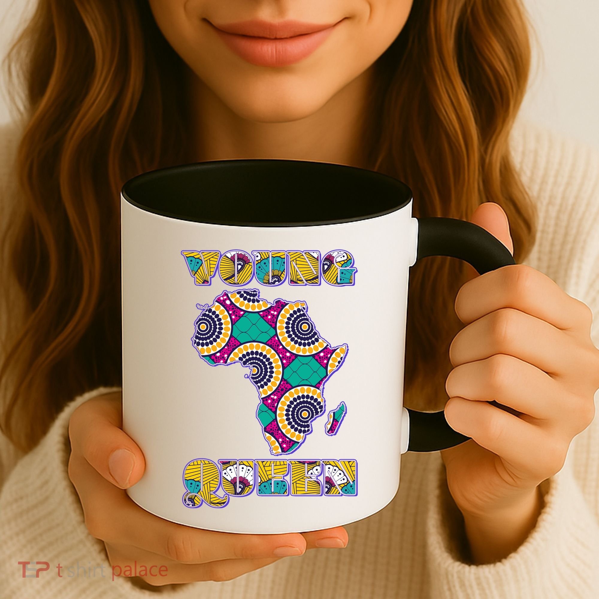 Young African Queen African Cloth Pattern Celebrating Black History Coffee Mug