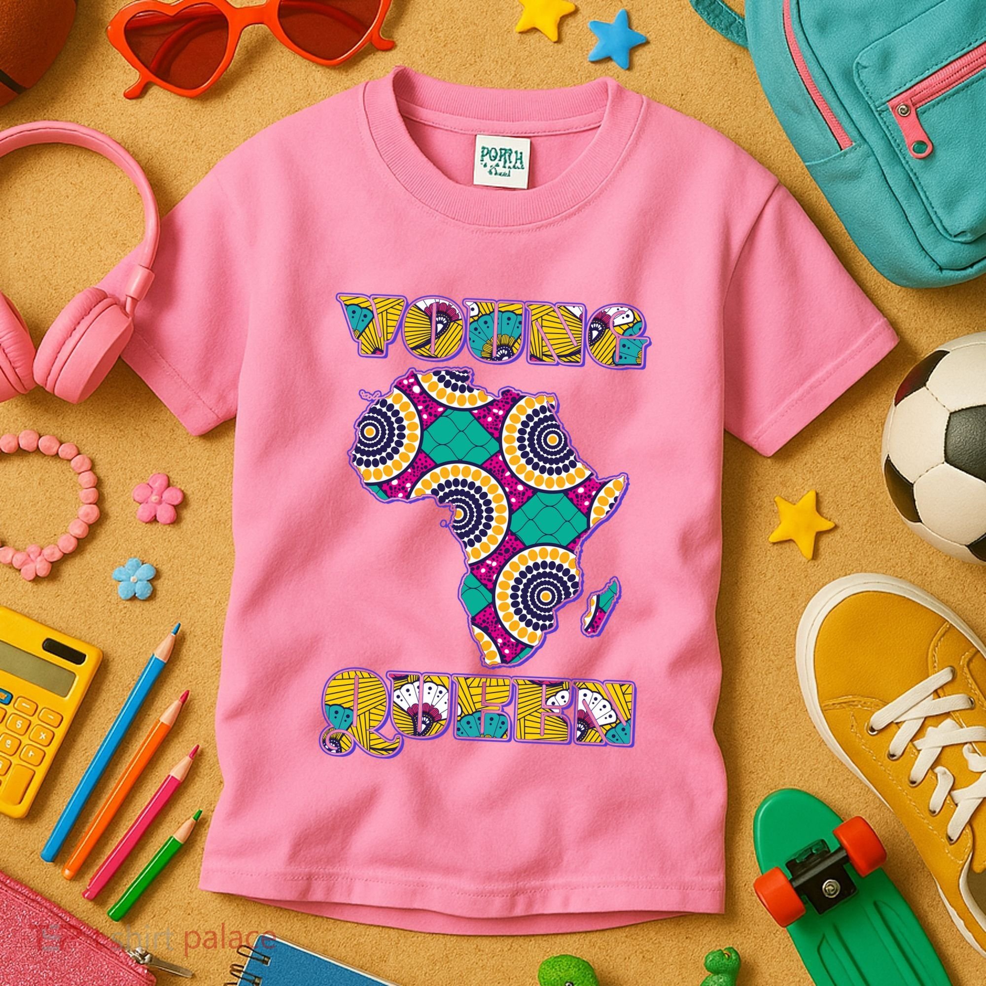 Young African Queen African Cloth Pattern Celebrating Black History Kids T-Shirt