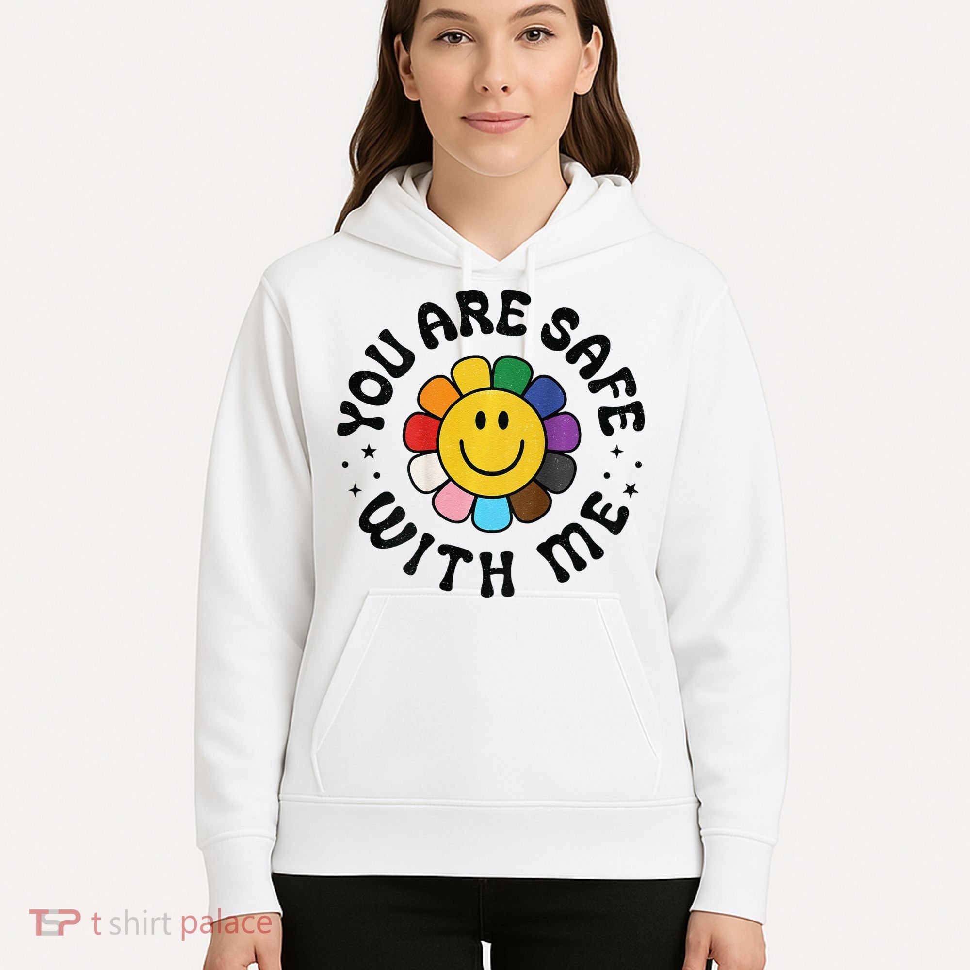 You Are Safe With Me Lgbtq Pride Ally Smile Face Back Hoodie