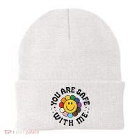 You Are Safe With Me Lgbtq Pride Ally Smile Face Back Beanie thumb 0
