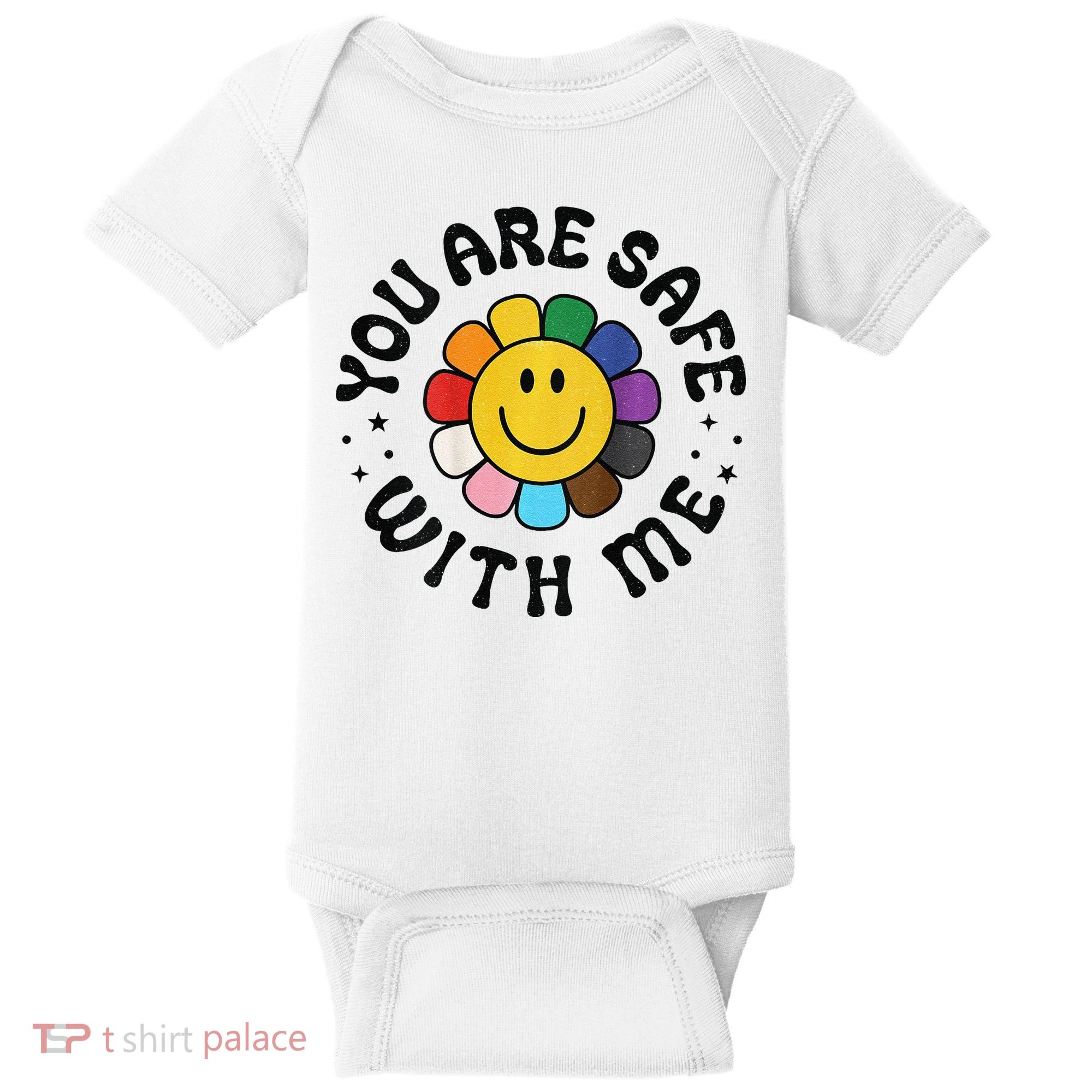 You Are Safe With Me Lgbtq Pride Ally Smile Face Back Baby Bodysuit