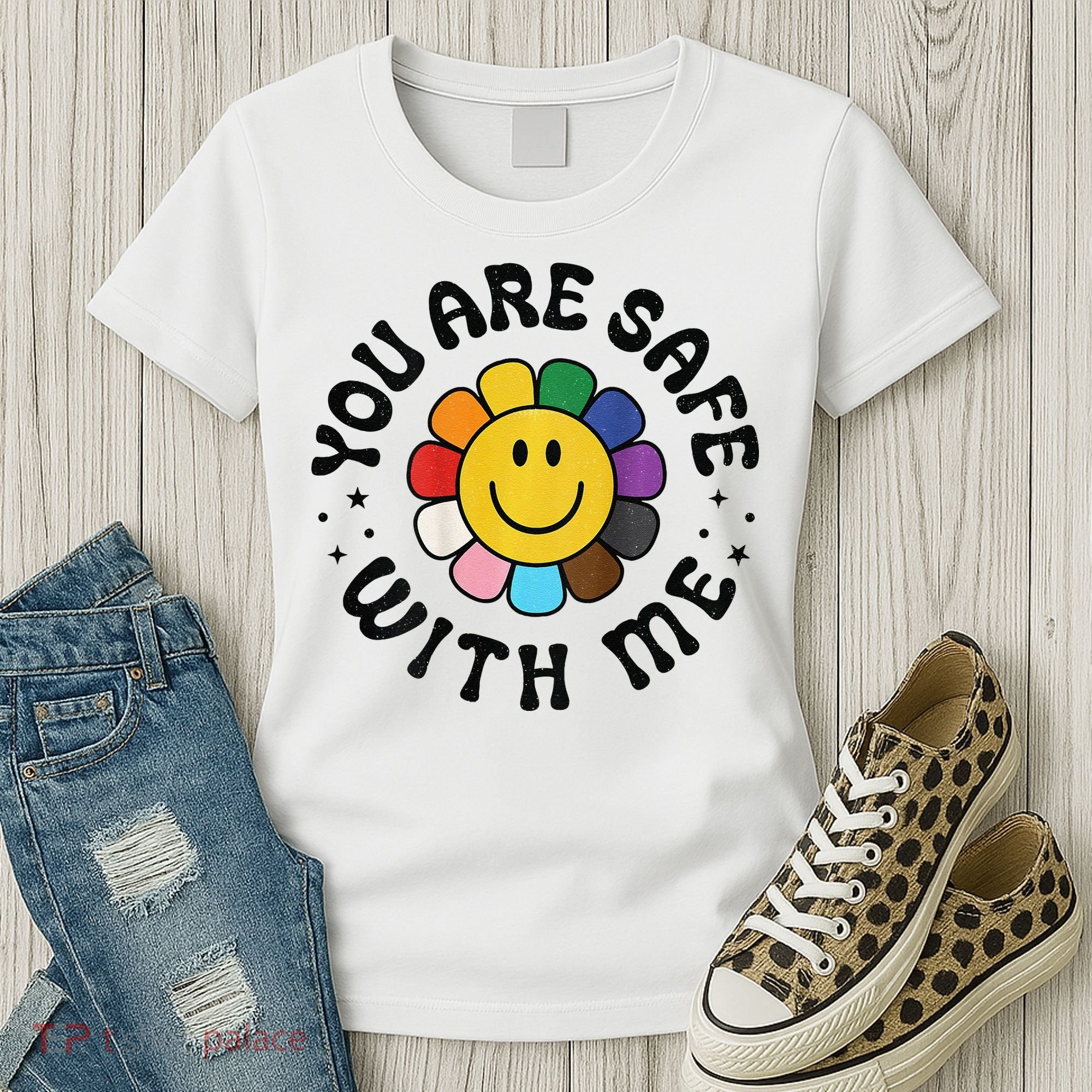 You Are Safe With Me Lgbtq Pride Ally Smile Face Back Women's T-Shirt