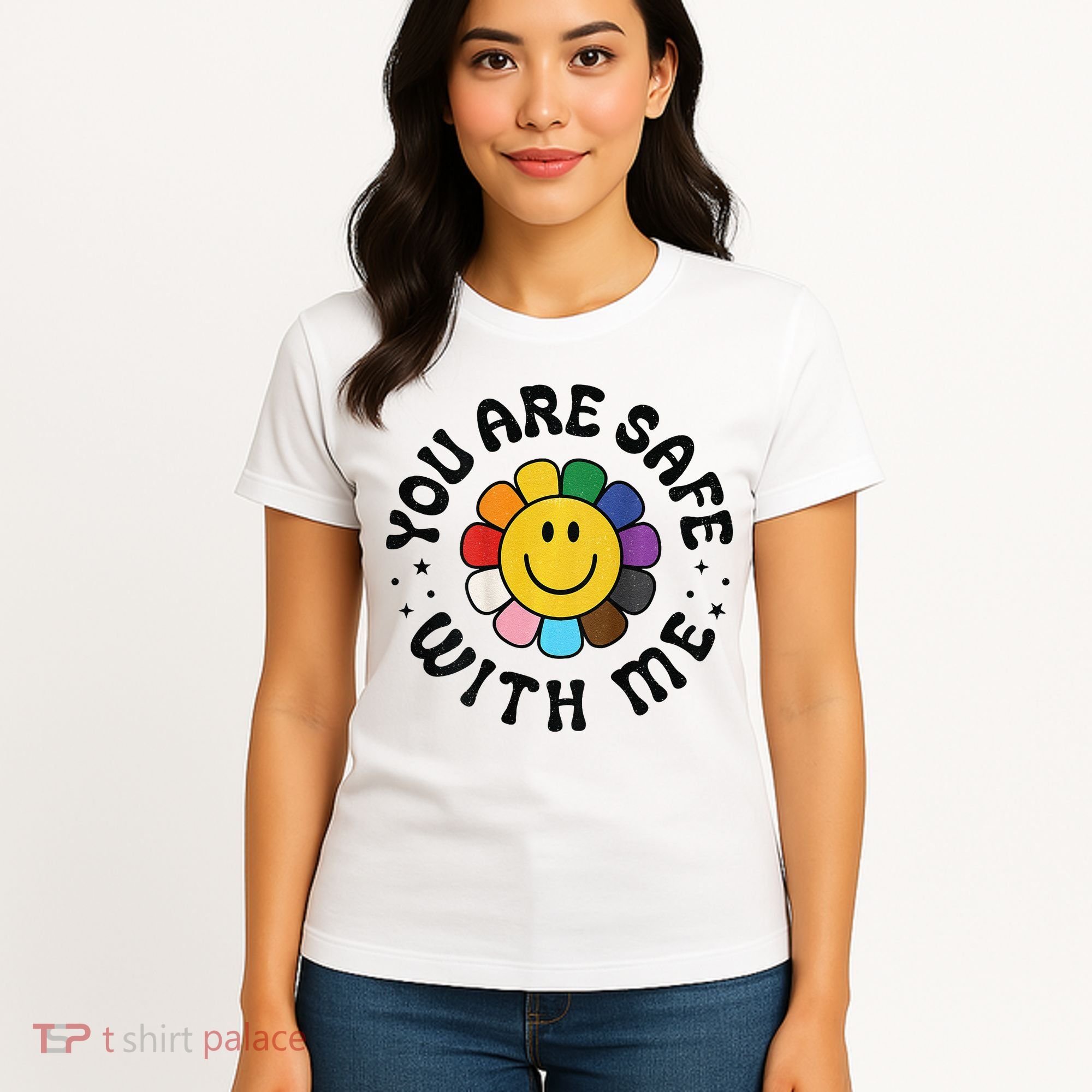You Are Safe With Me Lgbtq Pride Ally Smile Face Back Women's T-Shirt