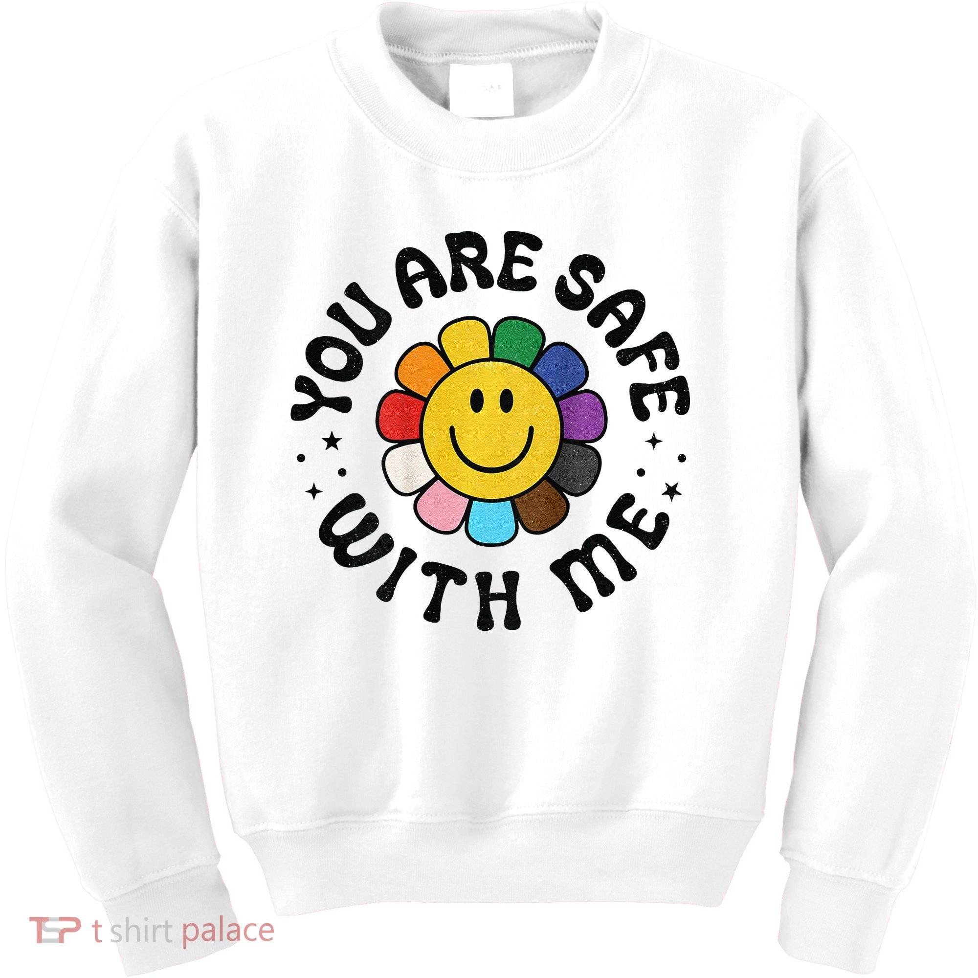 You Are Safe With Me Lgbtq Pride Ally Smile Face Back Kids Sweatshirt