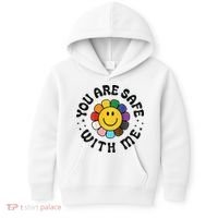 You Are Safe With Me Lgbtq Pride Ally Smile Face Back Kids Hoodie thumb 0