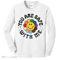 You Are Safe With Me Lgbtq Pride Ally Smile Face Back Kids Long Sleeve Shirt thumb 0