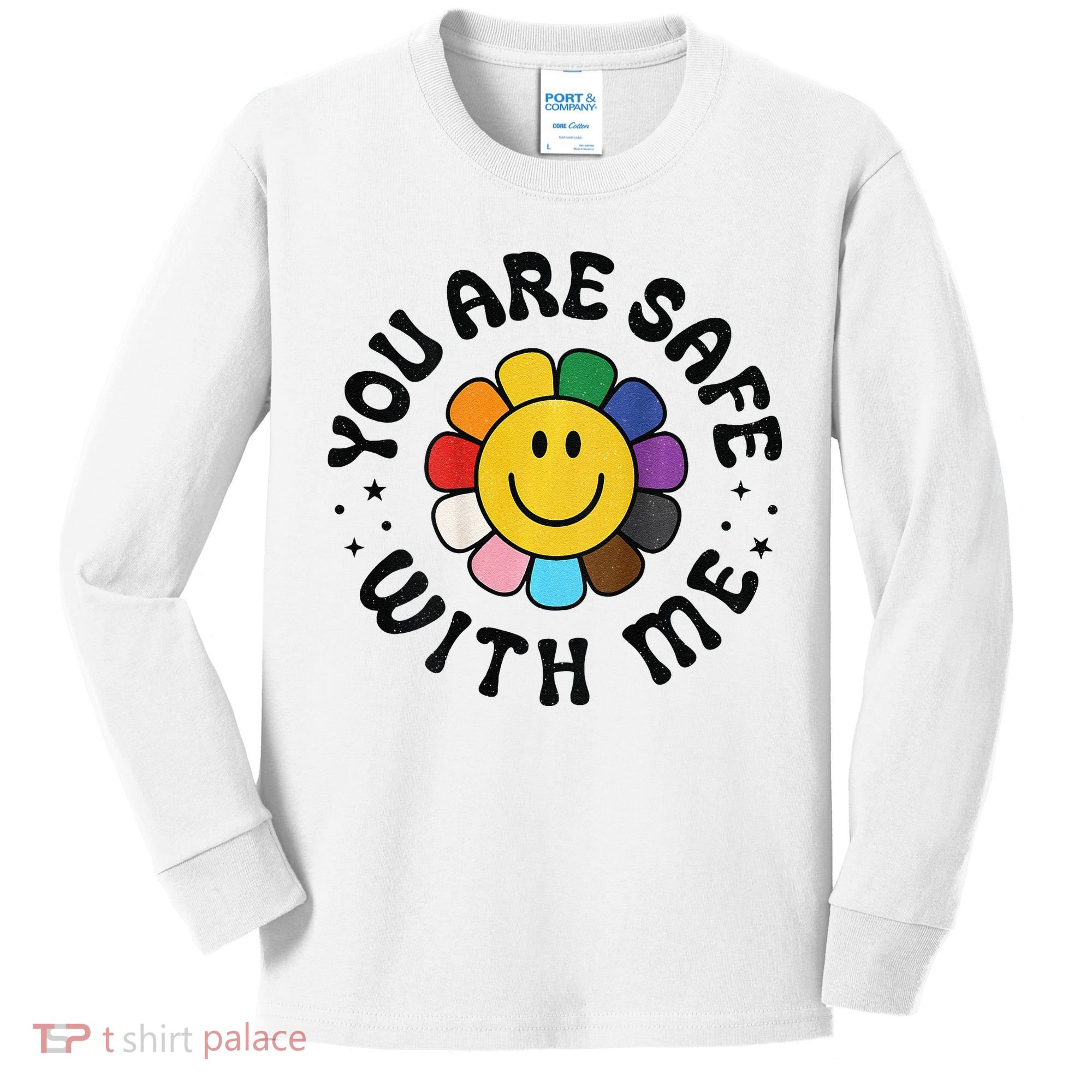 You Are Safe With Me Lgbtq Pride Ally Smile Face Back Kids Long Sleeve Shirt