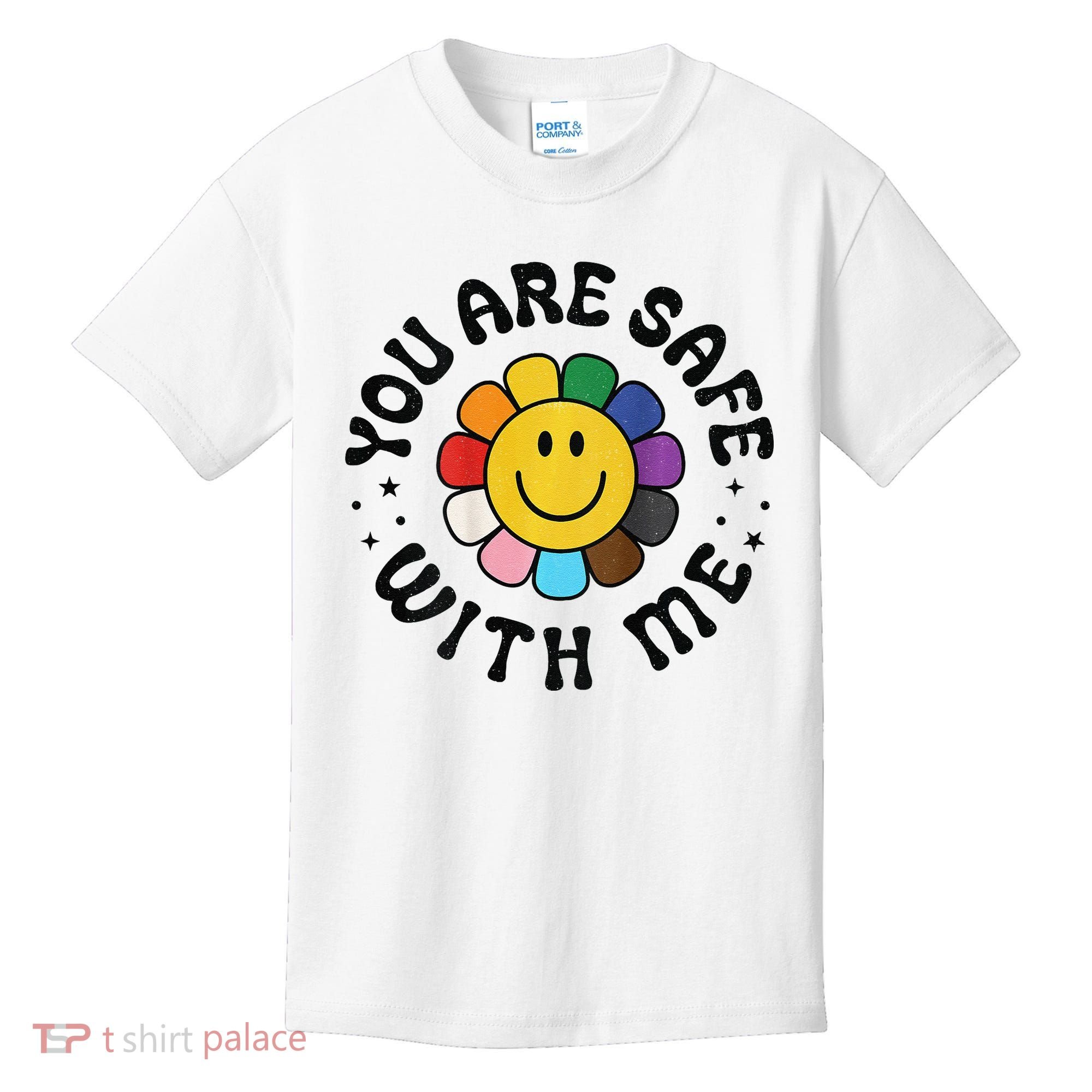 You Are Safe With Me Lgbtq Pride Ally Smile Face Back Kids T-Shirt