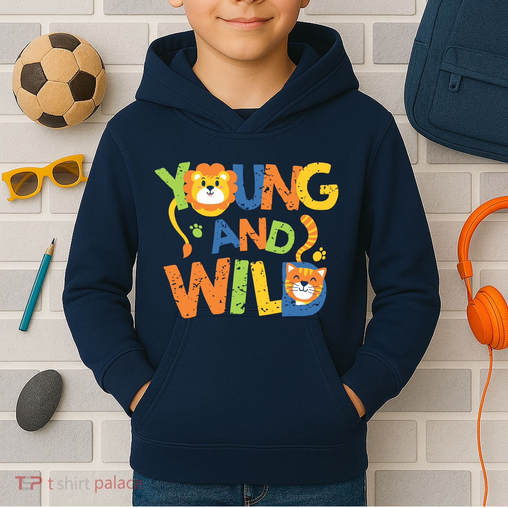Young And Wild Typography Cute Animal Kids Hoodie