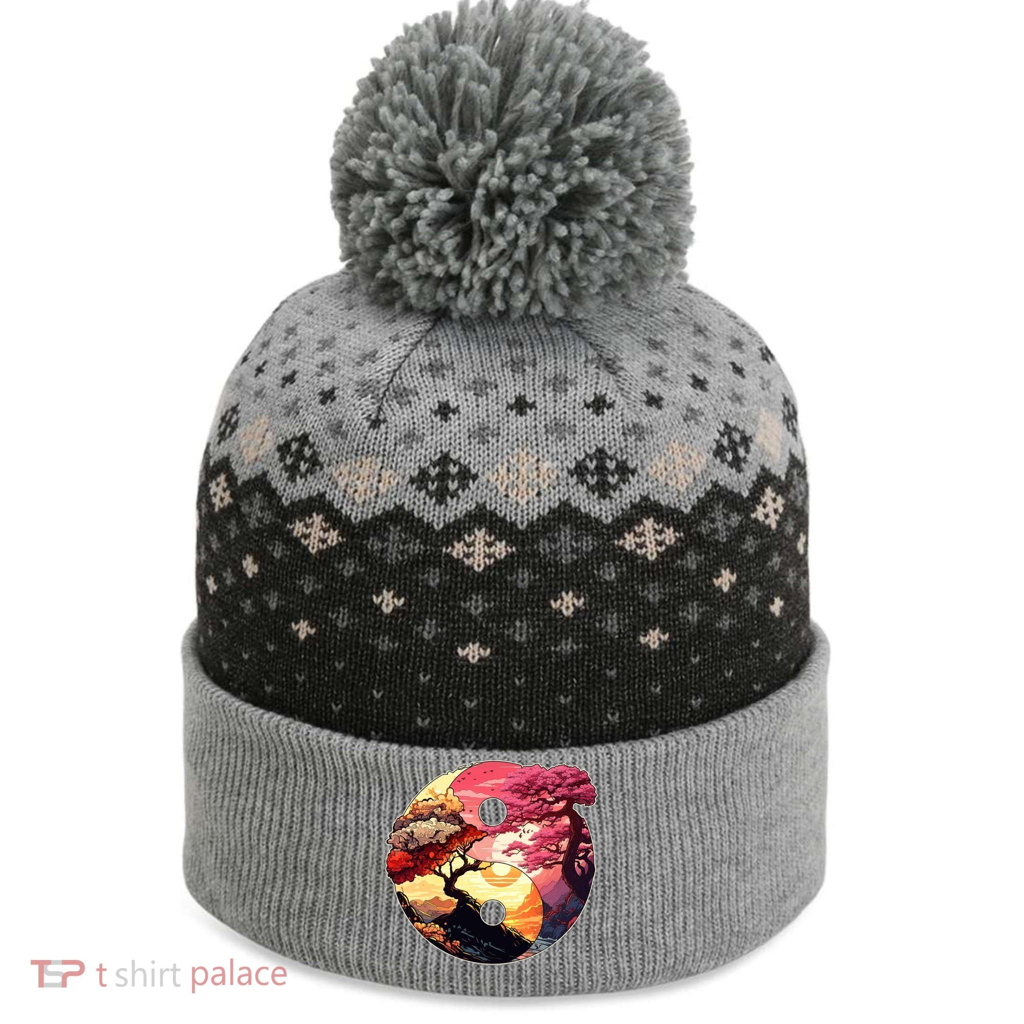 Yin And Yang Japanese Bonsai Trees Seasons Fall Spring The Baniff Cuffed Pom Beanie