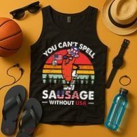 You Cant Spell Sausage Without USA 4th Of July American Tank Top thumb 4