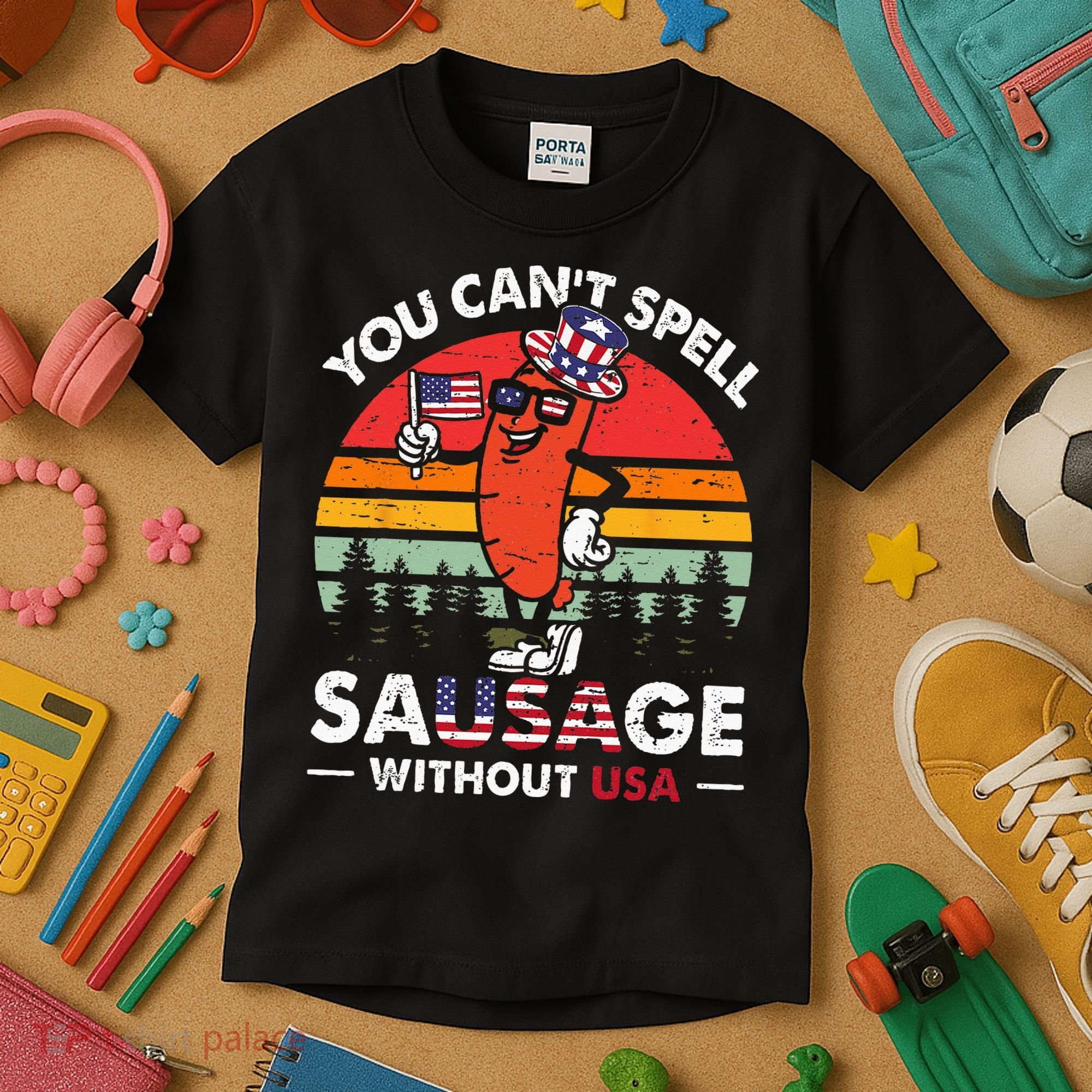 You Cant Spell Sausage Without USA 4th Of July American Kids T-Shirt