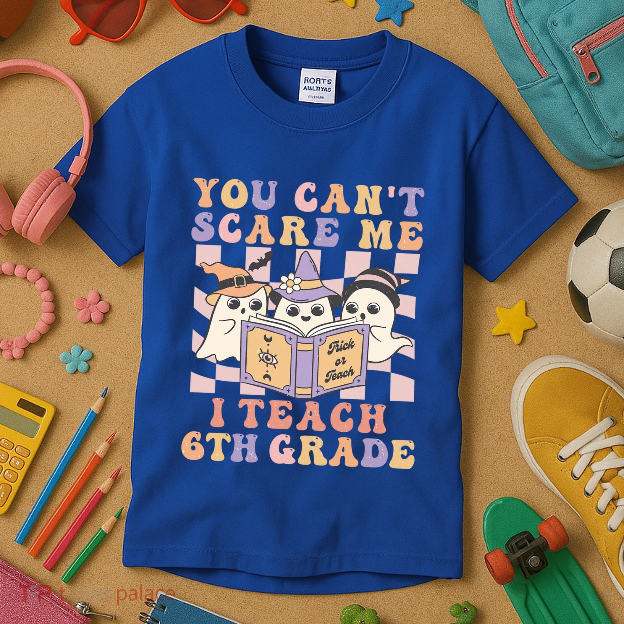 You Cant Scare Me I Teach 6th Grade Retro Halloween Ghost Gift Kids T-Shirt