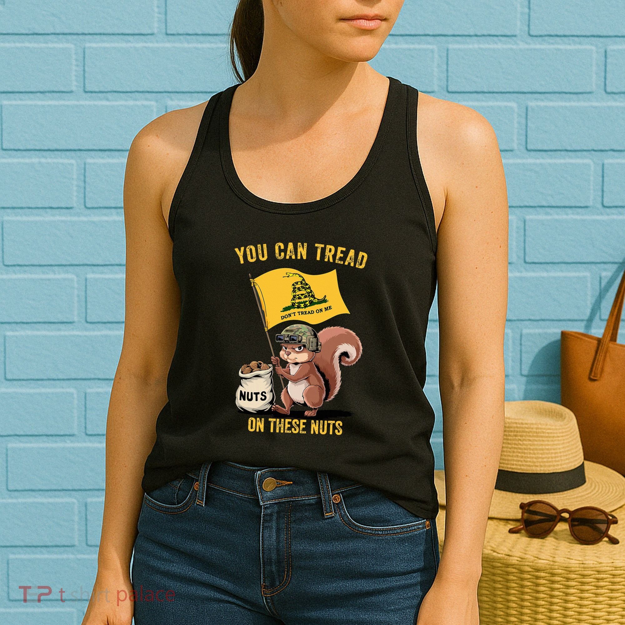 You Can Tread On These Nuts Patriotic Squirrel Funny Meme Women's Tank Top