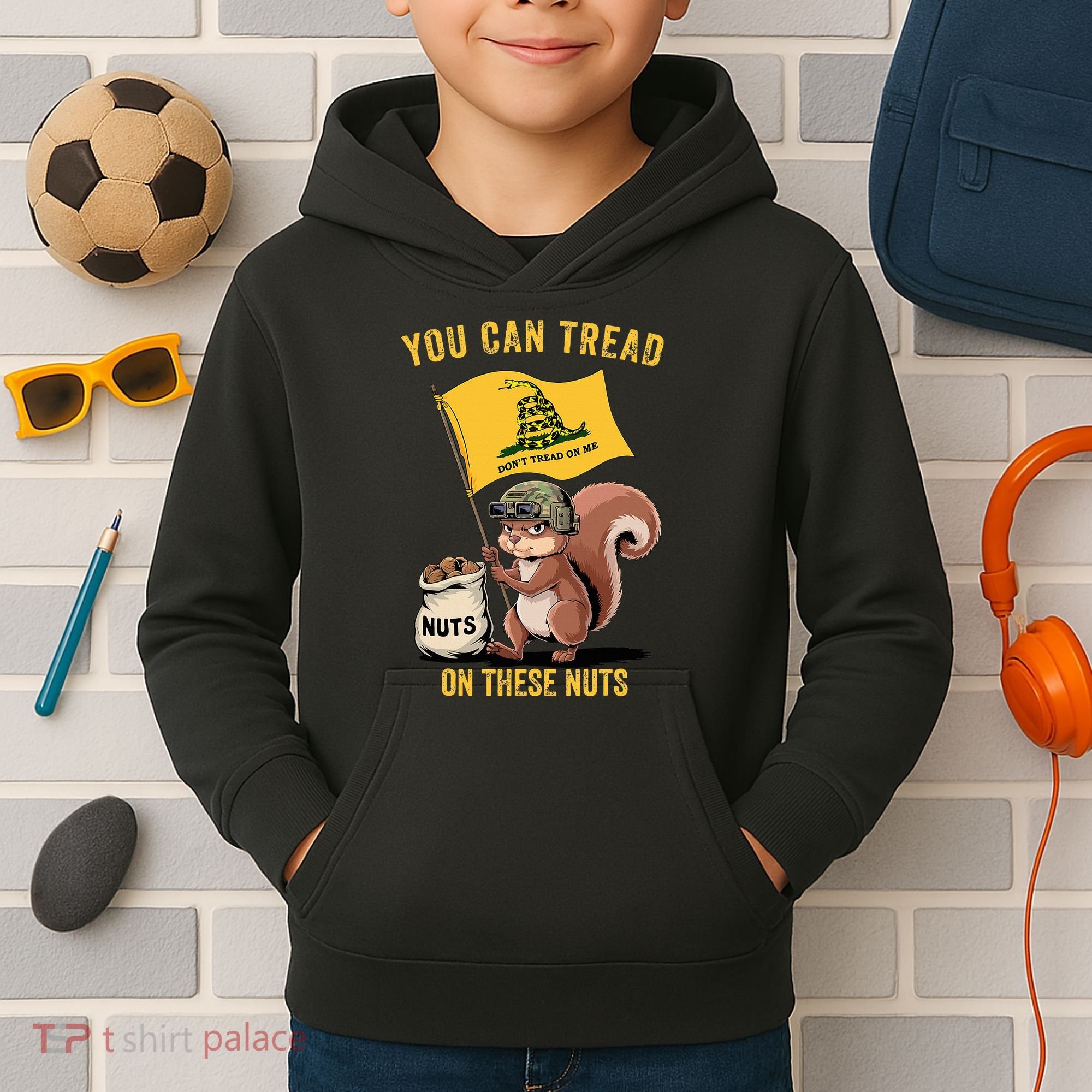 You Can Tread On These Nuts Patriotic Squirrel Funny Meme Kids Hoodie
