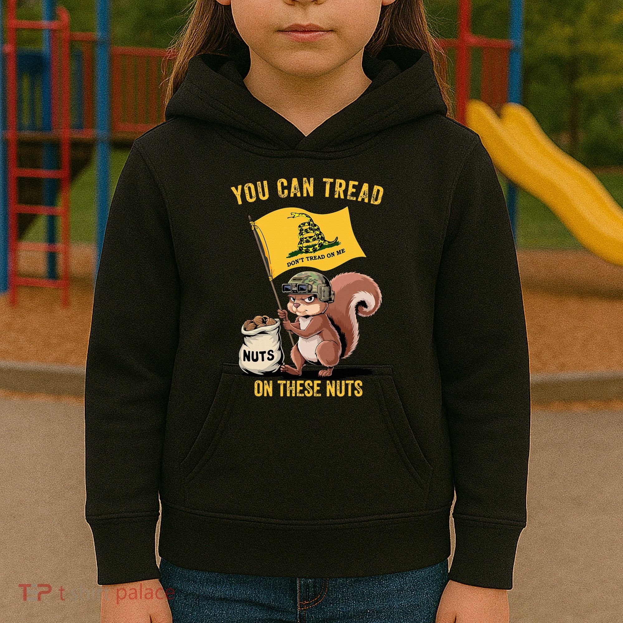 You Can Tread On These Nuts Patriotic Squirrel Funny Meme Kids Hoodie