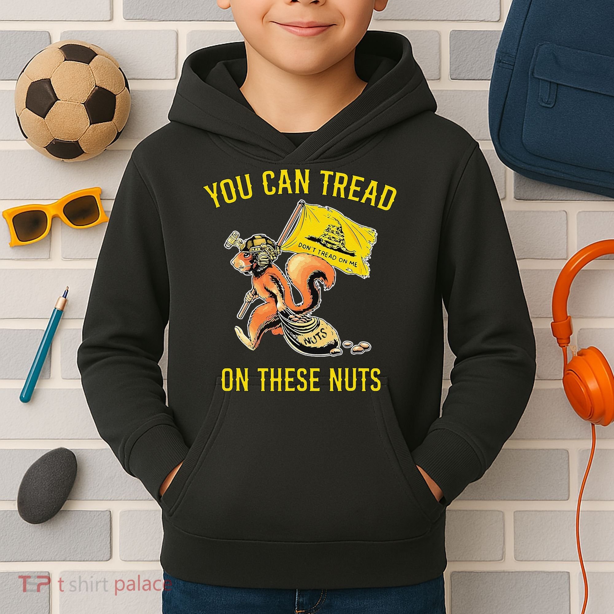 You Can Tread On These Nuts Patriotic Squirrel Funny Humor Kids Hoodie