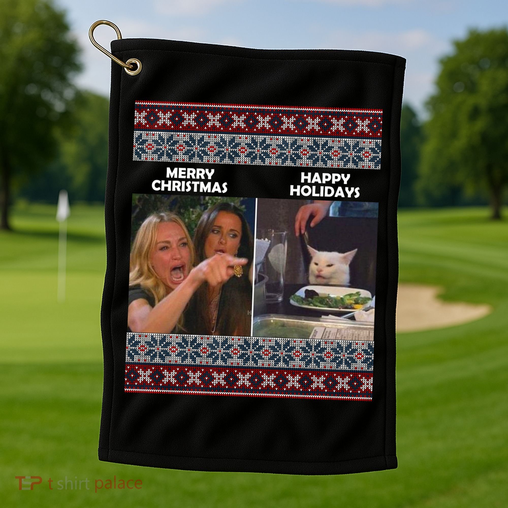 Yelling Cat Meme Christmas Sweater Funny Golf Towel