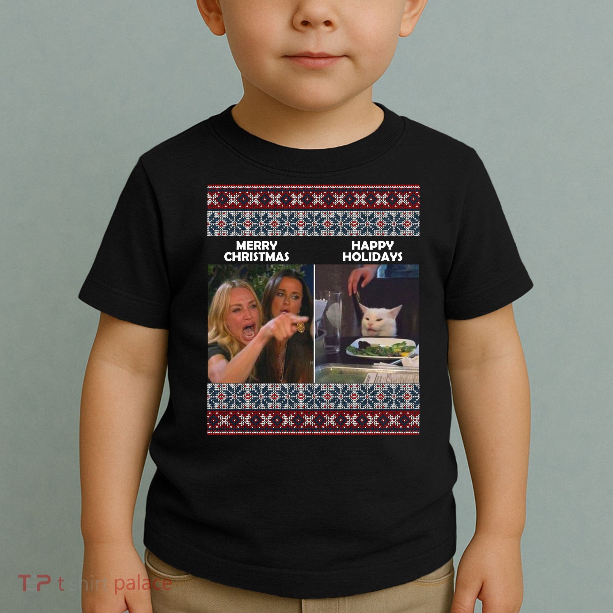 Yelling Cat Meme Christmas Sweater Funny Toddler T-Shirt