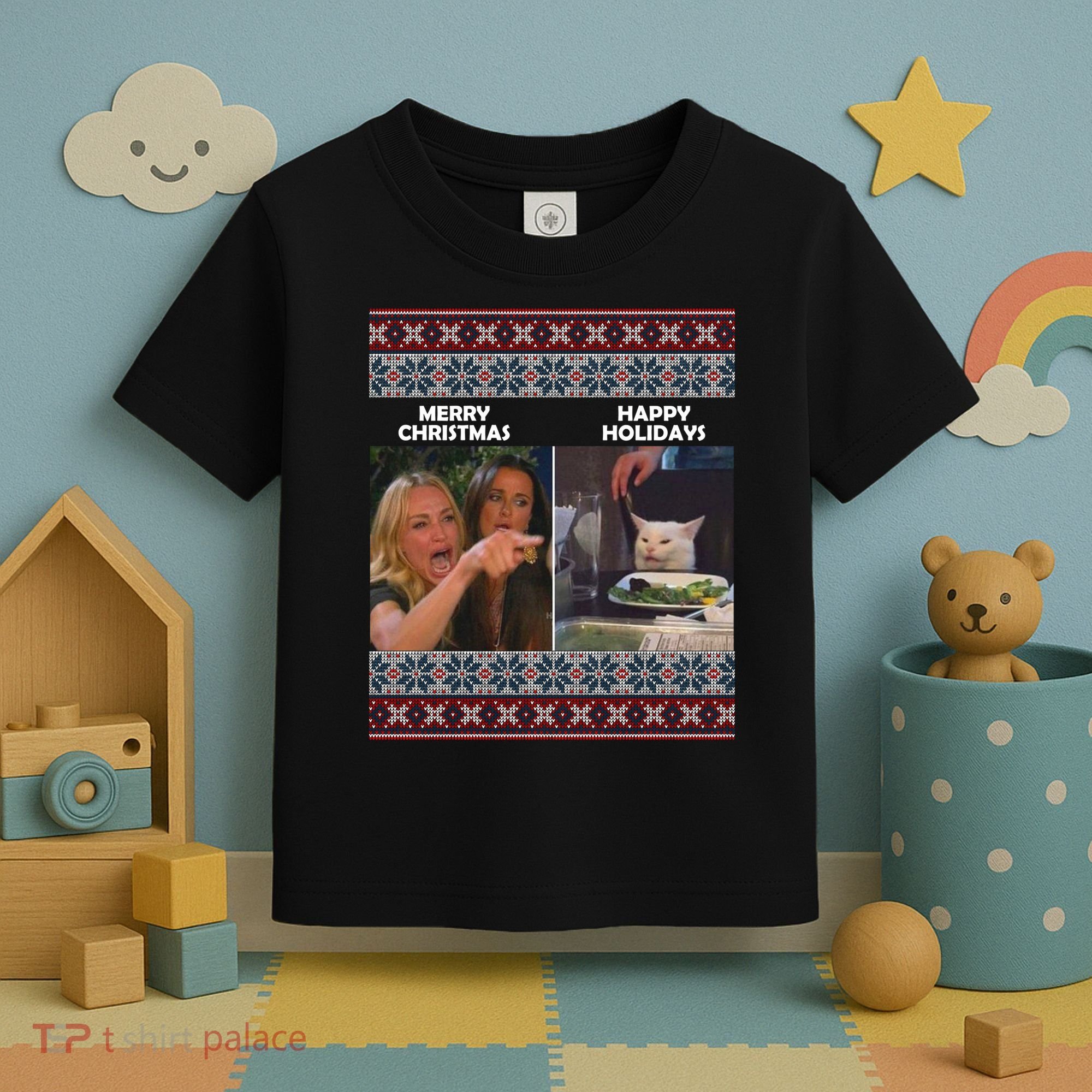 Yelling Cat Meme Christmas Sweater Funny Toddler T-Shirt